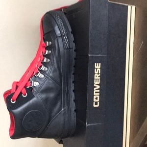 Black and Red Converse High Top Leather Sneakers